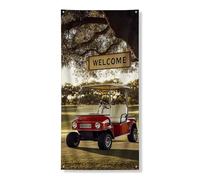 Décoration de porte de voiturette de golf de bienvenue, scène de golf vintage rustique pour extérieur et intérieur, décoration d'intérieur, bannière d'entrée sur le thème du golf d'été, 91,4 x 183 cm