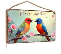 Décoration de porte d'entrée Forever Together : un duo d'oiseaux colorés sur une branche avec panneau en bois rose pour décoration murale d'automne (20 x 30 cm)