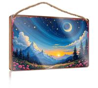 Décoration de porte d'entrée Nuit étoilée Sérénité : montagnes, arbres et fleurs sous un panneau en bois torsadé Décorations d'été pour la maison Décoration murale d'automne (23 x 35 cm)