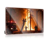 Décoration de porte pour chambre à coucher, pompiers, bataille intense feu de forêt au milieu de la forêt carbonisée, panneau humoristique en étain pour bar pour homme (20 x 30 cm)
