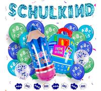 Décoration de Rentrée des Classes Garçon Bleu Vert Ballon + Rentrée Scolaire Avec ABC 123 + Crayon Sac d'École Ballons en Aluminium