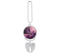 Décoration de rétroviseur de voiture personnalisée avec fleurs et papillons violets - Décoration double face personnalisée - Pendentif de voiture à suspendre - Accessoires en alliage - Ailes d'ange