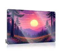 Décoration de salle de bain réutilisable Un coucher de soleil vibrant dans une forêt avec de grands arbres et des fleurs sauvages. - Art facile à accrocher (30 x 40 cm)