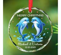 Décoration de sapin de Noël 2025 avec dauphin ensemble, texte/noms et date personnalisés, ornement en verre de couple de dauphins qui s'embrassent, cadeaux de Noël personnalisés pour les amoureux des
