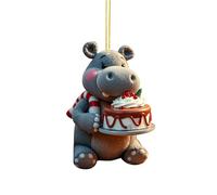Décoration de sapin de Noël en acrylique 2D en forme de livre avec un hippopotame tenant un gâteau double imprimé pour fête d'éléphant blanc festif