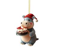 Décoration de sapin de Noël en acrylique 2D en forme de livre avec un hippopotame tenant un gâteau double imprimé pour fête d'éléphant blanc festif