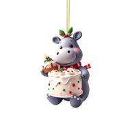 Décoration de sapin de Noël en acrylique 2D en forme de livre avec un hippopotame tenant un gâteau double imprimé pour fête d'éléphant blanc festif