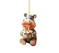 Décoration de sapin de Noël en acrylique 2D en forme de livre avec un hippopotame tenant un gâteau double imprimé pour fête d'éléphant blanc festif