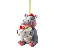 Décoration de sapin de Noël en acrylique 2D en forme de livre avec un hippopotame tenant un gâteau double imprimé pour fête d'éléphant blanc festif