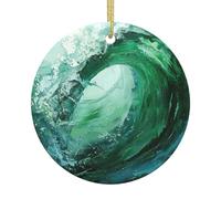 Décoration de sapin de Noël en céramique à suspendre - Motif vagues vert océan - Décoration festive ronde pour la maison, le bureau et la fête