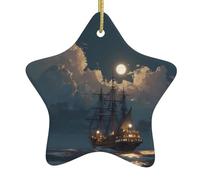 Décoration de sapin de Noël en céramique à suspendre Motif WHJHBD navires au clair de lune Facile à accrocher pour fête de vacances 7,9 x 7,9 cm