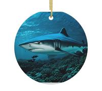 Décoration de sapin de Noël en céramique à suspendre - Requin bleu - Décoration festive ronde pour la maison, le bureau et la fête