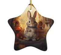 Décoration de sapin de Noël en céramique à suspendre WHJHBD Petit lapin gris en champignons Facile à accrocher pour fête de vacances 7,9 x 7,9 cm