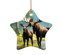 Décoration de sapin de Noël en céramique en forme de cœur avec imprimé cerf, ours, élan pour maison, bureau, vacances à suspendre