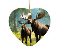 Décoration de sapin de Noël en céramique en forme de cœur avec imprimé cerf, ours, élan pour maison, bureau, vacances à suspendre