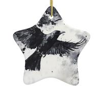 Décoration de sapin de Noël en céramique en forme d'étoile avec impression corbeau à encre | Décorations de fête de Noël et de réunions de famille