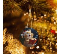 Décoration de sapin de Noël en forme de chat mignon chantant des chants de Noël - Décoration ronde en céramique double face à suspendre avec corde dorée - Décoration de sapin de Noël 2025 pour Nouvel