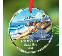 Décoration de sapin de Noël en forme de scène de plage de San Diego, texte/nom et année personnalisés, paysage de San Diego, souvenir de voyage californien, décoration de Noël 2025, ornements