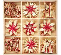 Décoration de sapin de Noël en paille - Décoration de sapin en paille avec des accents rouges - Décorations pour cadeaux - Pendentif de sapin de Noël en matériau naturel - Ensemble de 25 pièces