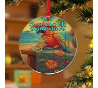 Décoration de sapin de Noël « It's Five O'Clock Somewhere » - Flamant rose hawaïen - Élégant souvenir - Disques en acrylique transparent - Pendentif fleur et feuilles d'ara - Pour décoration d'arbre