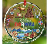 Décoration de sapin de Noël nationale de la Norvège 2025, monuments de la Norvège et ornement en verre culturel, décoration panoramique norvégienne, cadeau, nom et année personnalisés du patrimoine