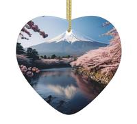 Décoration de sapin de Noël unique en forme de cœur en céramique - Paysage du mont Fuji du Japon - Décorations à suspendre pour décoration festive