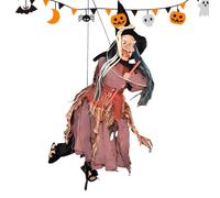 Décoration de sorcière d'Halloween - Yeux lumineux activés par le son et | Poupée de sorcière avec yeux lumineux et balai volant, décoration d'Halloween activée par le son pour porte de cuisine, porte
