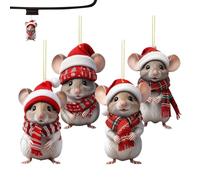 Décoration de souris - 4 pièces - Décoration de Noël 2D drôle - Pendentif souris - Ornements d'animaux - Pour salon, chambre à coucher, bureau, maison, fête, vacances, voiture, intérieur et