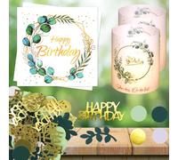 Décoration de table d'anniversaire, décoration de fête pour femme et homme, 20 serviettes d'anniversaire vert eucalyptus, 12 photophores Happy Birthday, 100 confettis de table vert sauge pour fille et
