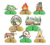 Décoration de table de camping - Décoration d'anniversaire sur le thème du camping avec centres de table en nid d'abeille pour 1er joyeux campeur - Décoration de fête de bienvenue