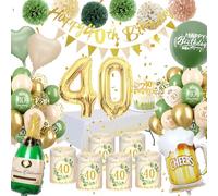 Décoration de table pour femme avec photophore et bannière Happy Birthday, nappe, pompons et inscription « WINAROI 40 » - Vert doré