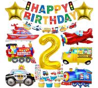 Décoration de voiture 2ème anniversaire garçon - Two Fast Décoration d'anniversaire Bateau Avion Train Bus scolaire Voiture de police Ballon Transport Voiture de Transport Décoration de gâteau