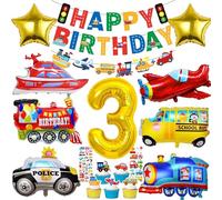 Décoration de voiture anniversaire garçon Trafic 3 ans, bateau, avion, train scolaire, bus scolaire, ballon en aluminium, gâteau, autocollants et bannière Happy Birthday