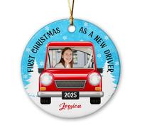 Décoration de voiture rouge personnalisée avec nom et photo - Cadeau souvenir de Noël personnalisé pour adolescent conducteur - Décoration de vacances en céramique pour permis de conduire