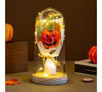 Décoration d'Halloween citrouille lumineuse dans une cloche en verre, dôme en forme de crâne d'été, fantôme citrouille lumineux dans une cloche en verre, mini squelette pour extérieur ou bar