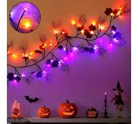 Décoration d'Halloween de 2,7 m avec 72 DEL en forme de brindilles de saule, 8 modes et minuteur, guirlande d'Halloween avec lumières, guirlande de chauve-souris et citrouille à piles pour décoration