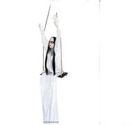 Décoration d'Halloween effrayante à suspendre avec une fille qui se balance, des yeux brillants et un son déclenché par le mouvement ou la voix (blanc)