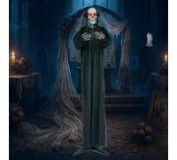 Décoration d'Halloween fantôme effrayant taille réelle de 1,8 m, animatronique d'Halloween avec lumières et son effrayant, fantôme noir hanté accessoires pour jardin, cour, pelouse