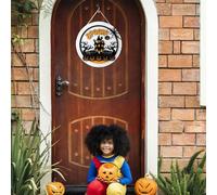 Décoration d'Halloween lumineuse pour porte d'entrée, panneau amusant de sorcière joyeuse ronde à suspendre gothique pour décoration murale de maison, bois de sorcière pour porche squelette (taille A