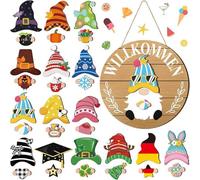Décoration d'Halloween - Panneau de bienvenue interchangeable - 30 cm - En bois - Lutin d'Halloween - Avec 30 pièces - Chapeau magnétique amovible et main - Couronne de porte DIY - Automne - Pour