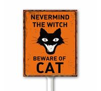 Décoration d'Halloween rustique « Never Mind The Witch Beware of Cat » - Panneau de cour avec piquet - Décoration amusante d'Halloween - Panneau en aluminium - Motif chat noir - Décoration d'automne