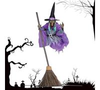 Décoration d'halloween Sorcière Volante avec Balai Magique 180cm | Décor Effrayant, Sorcière Volante Avec Balai et Automate Animé Yeux Lumineux,pour Soirée Halloween, Maison, Maison Hantée