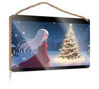 Décoration d'intérieur amusante pour porte « A Girl In Red Gazes At A Snowy Christmas Tree » - Panneau en bois - Décoration d'appartement et décoration d'extérieur (20 x 30 cm)