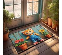 Décoration d'intérieur amusante - Un chaton mignon en salopette se tient entre deux pots de fleurs - Paillasson d'hiver - Tapis de porte d'extérieur (40 x 60 cm)