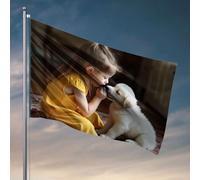 Décoration d'intérieur pour homme Une fille dans une robe jaune nourrissant un chiot. Drapeau cool Poster Drapeaux Accessoires de bureau pour hommes (152 x 244 cm)