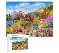 Décoration du Nouvel an : Mountain Village with Rainbow Jigsaw Puzzle, 500 PCS, Jeu D’Assemblage en Bois - À Assembler, Encadrer Et Exposer