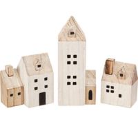 Décoration en bois Mini village de Noël Blanc Naturel Set de 6 pièces