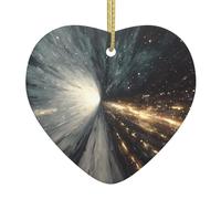 Décoration en céramique à suspendre en forme de cœur pour sapin de Noël, motif imprimé tableau de bord cosmique avec ficelle dorée