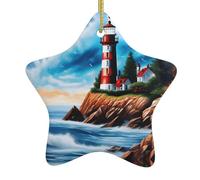 Décoration en céramique à suspendre pour sapin de Noël WHJHBD Phare Peinture diamant Impressions faciles à accrocher pour fête de vacances 7,9 x 7,9 cm