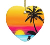 Décoration en céramique en forme de cœur avec imprimé palmier et coucher de soleil, décorations pour sapin de Noël, cadeaux de vacances, échange de cadeaux